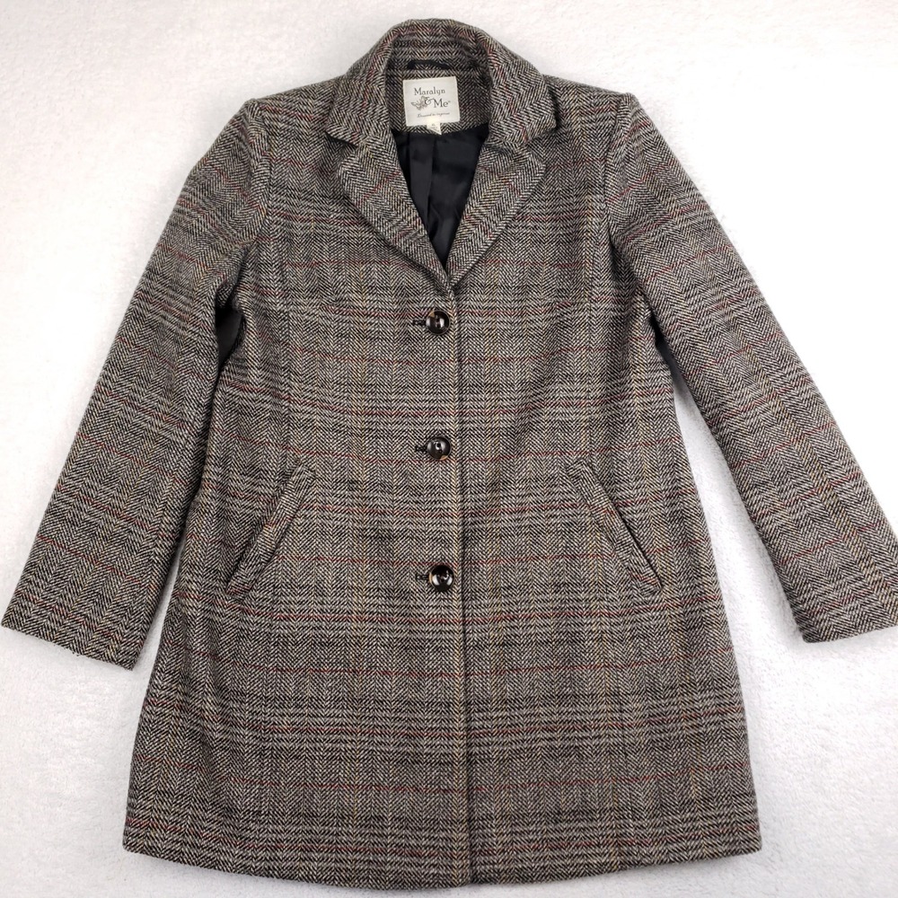 Maralyn & Me Womens XL Herringbone Plaid Car Coat Gray Red Notched Lapel Jacket